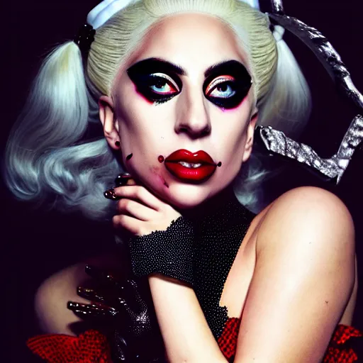 Image similar to detailed 4 k photorealistic lady gaga as harley queen make up and costum in the style of nick ut and eddie adams and margaret bourke and yousuf karshs and alfred eisenstaedt