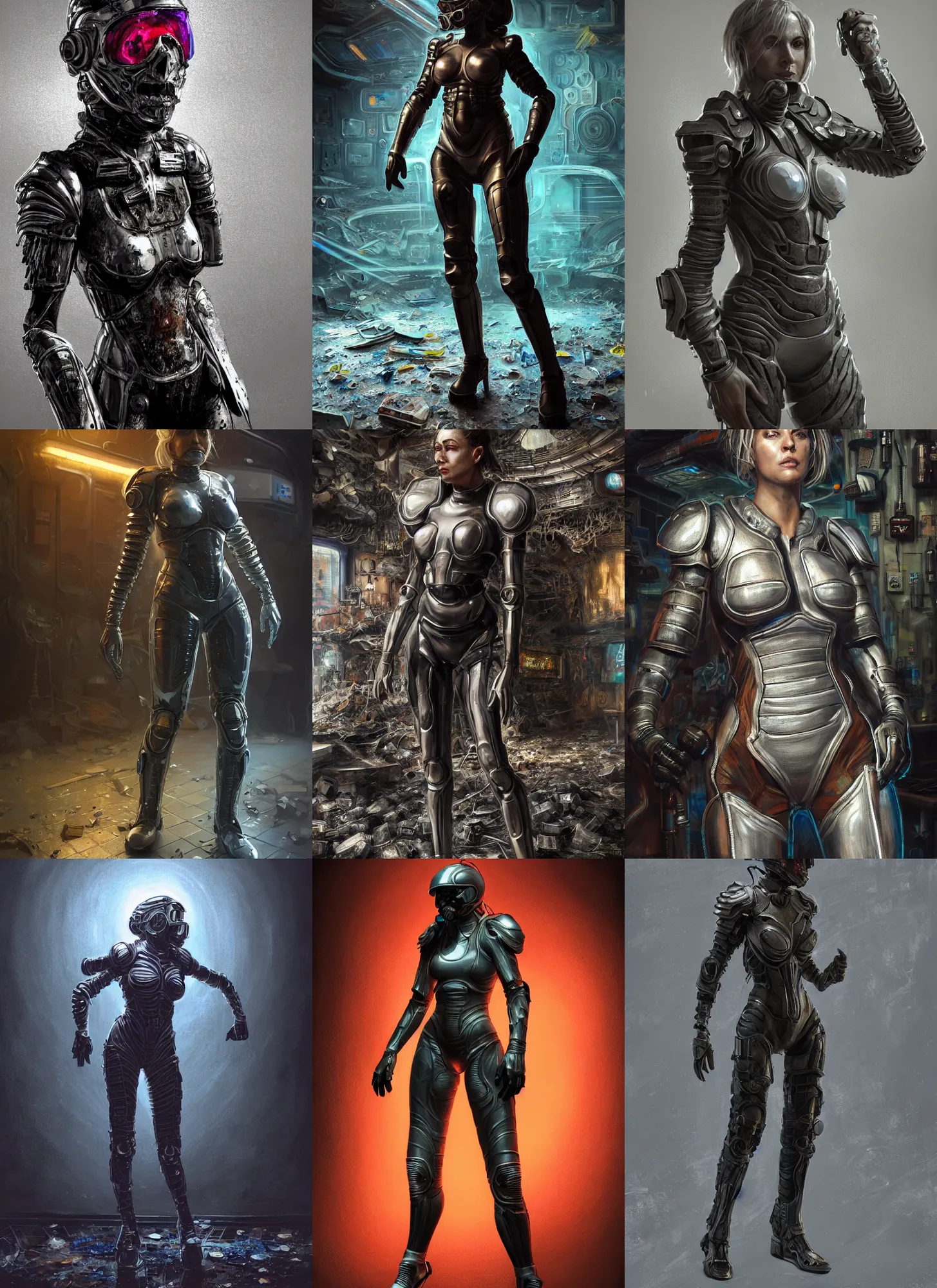 Prompt: hyper detailed ultra sharp full body character portrait of a woman wearing futuristic armor standing in a destroyed dive bar, realistically proportioned face, cinematic lighting, good value control, smooth, realistic shading, realistic face details, smooth, highly detailed, digital painting, concept art, painted texture maps, illustration, art by studio fortiche, painted texture maps, substance painter, action pose