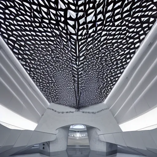 Image similar to stunning beautiful futuristic museum interior by Zaha Hadid, dragonfly wings pattern