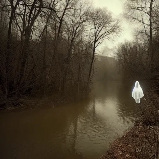 Image similar to photo of a ghostly figure floating over a river, cinematic, blair witch project, real