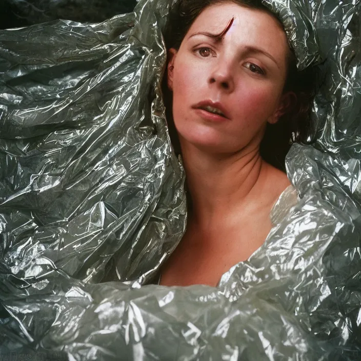 Prompt: a color photograph, closeup portrait of a woman wrapped in plastic, in grand olympic national park in washington, color photograph, by vincent desiderio, canon eos c 3 0 0, ƒ 1. 8, 3 5 mm, 8 k, medium - format print