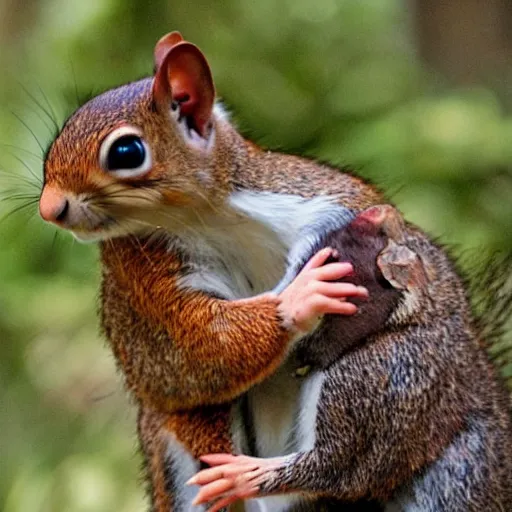 Prompt: brand pitt cuddling baby squirrels