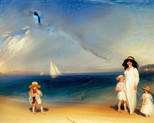 Image similar to a couple and a girl toddler on a beach in sardinia looking at a sailing boat, the man is wearing a panama hat, the woman has long dark hair, white sand, blue sky, summer, white and blue, painting by j. m. w. turner