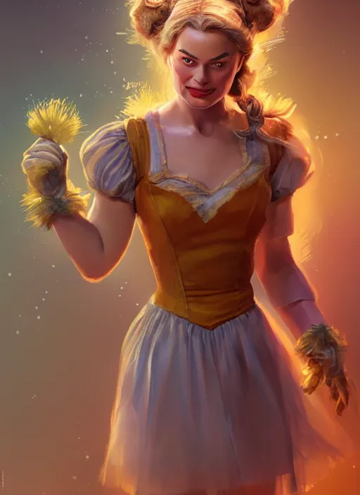 Image similar to beautiful female dorothy gale, margot robbie as dorothy, full body character concept, armor, super powers, fantasy, intricate, elegant, highly detailed, digital painting, artstation, concept art, shining, sharp focus, illustration, art by stanley lau