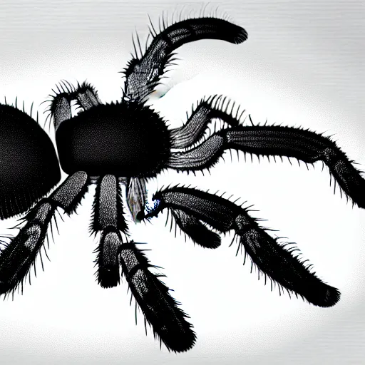 Image similar to book illustration of a tarantula with a machine gun mounted on its back. book illustration, monochromatic, white background, black and white image