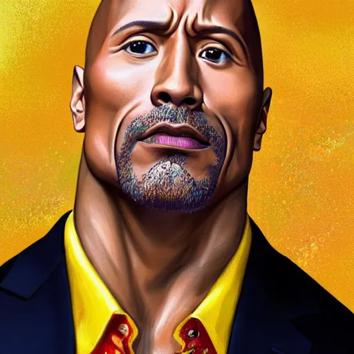 Prompt: a portrait of a stunningly beautiful dwayne johnson in highly detailed gucci blouse ( no gucci logo ) bright pop colors ultra realistic digital painting, rococo, japonisme, artstation, concept art, pop, smooth, sharp focus, illustration, art by mark ryden klimt, lisa frank