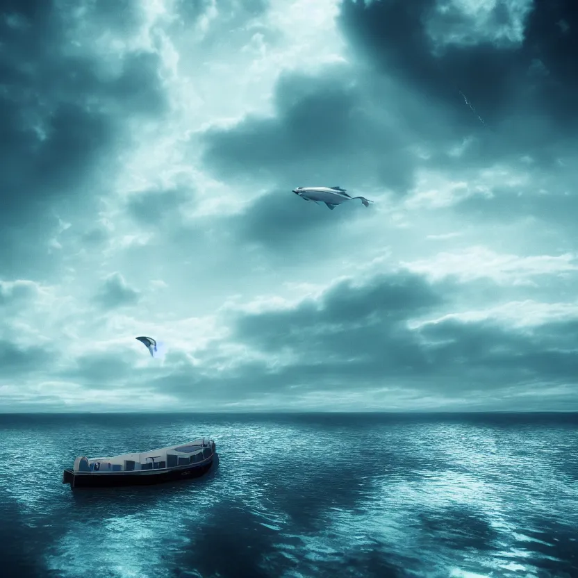 Prompt: underwater photo of boat wake in sky above underwater edinburgh city sharp focus, surrealism, cinematic, unreal engine, 4 k wallpaper, national geographical