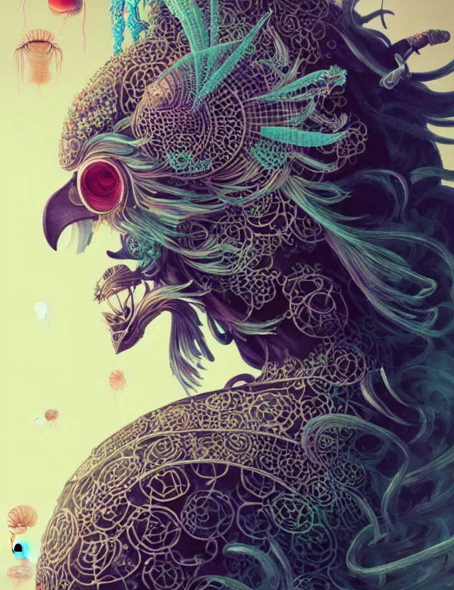 Image similar to 3 d goddess close - up profile solarpunk portrait ram skull. beautiful intricately detailed japanese crow kitsune mask and clasical japanese kimono. betta fish, jellyfish phoenix, bio luminescent, plasma, ice, water, wind, creature, artwork by tooth wu and wlop and beeple and greg rutkowski