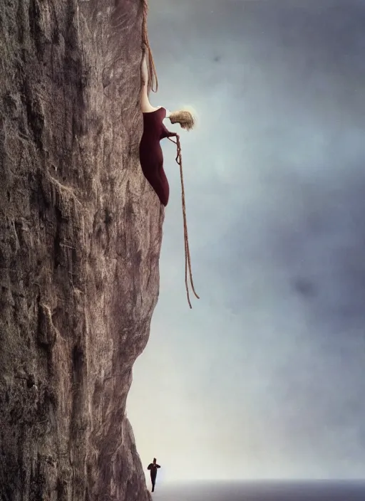 Image similar to action shot of Nicole Kidman hanging from a cliff face, Les Edwards, Zdzislaw Beksinski, Carl Gustav Carus, John Harris, Michal Karcz, Zhang Kechun, Mikko Lagerstedt, Scott Listfield, Steven Outram, Jessica Rossier