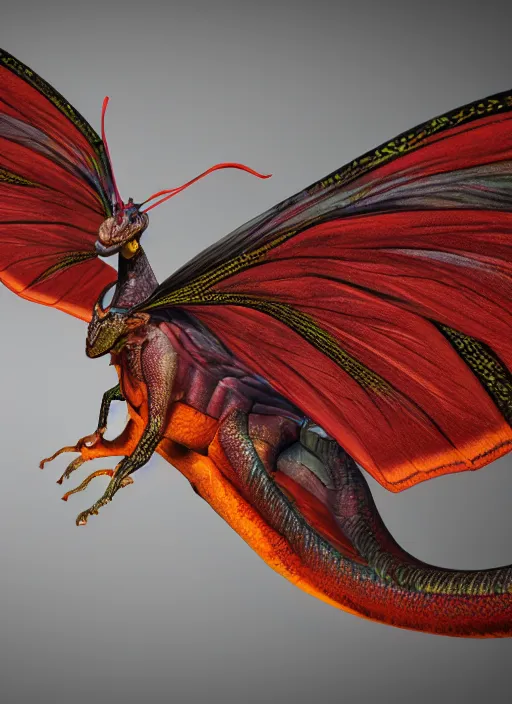 Prompt: Realistic 3d render of butterfly dragon on a studio shot, movie shot, cinematic perspective, full hd, Vibrant colors