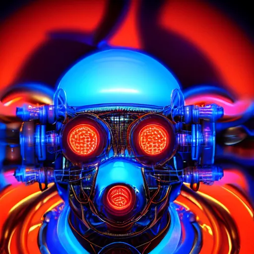 Prompt: portrait photo of a blue and orange glossy metallic futuristic steampunk robot head with multicolored glowing gears and tubes and cables, crisp, fluorescent colors, insanely detailed, 3 d render, unreal engine