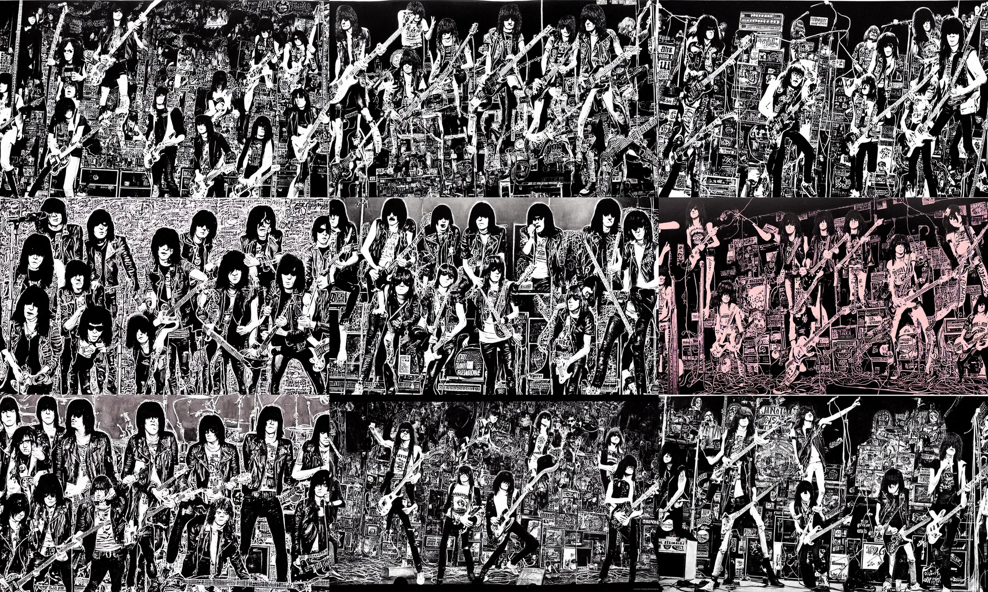 Prompt: the ramones live at the cbgb playing rocknroll highschool, very punk stage decoration, live on stage, low light, new york in the seventies, very detailed painting by james jean