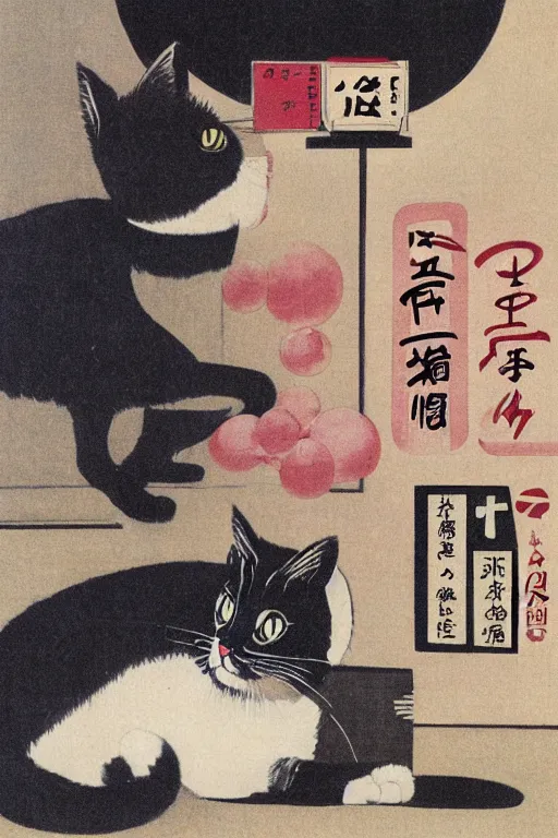 Image similar to cat advertisment, still life, 1 9 7 0 s japan shouwa advertisement, print, nostalgic