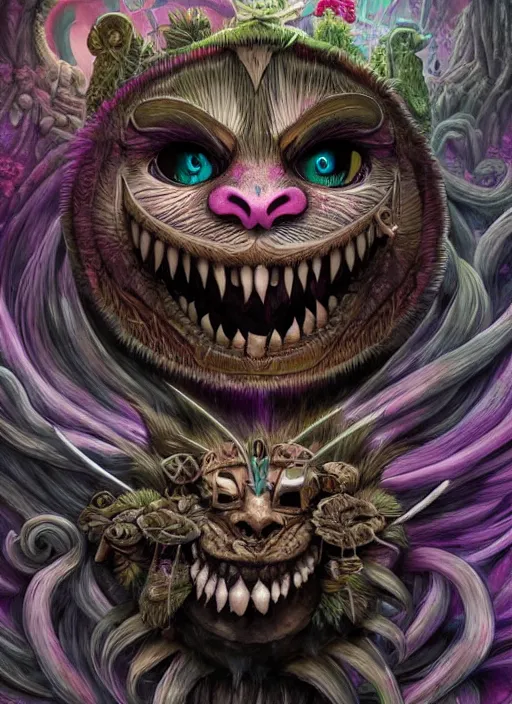 Image similar to cheshire cat, polynesian god, half skull half face, highly detailed, cinematic, 8 k, by megan duncanson, benjamin lacombe, adrian borda, stanley artgermm, tom bagshaw, craig mullins, carne griffiths, ayami kojima, beksinski, giger, trending on deviantart, hyper detailed, horror, full of colour