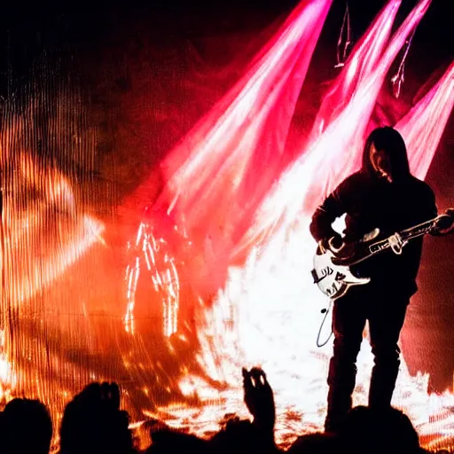 Prompt: Vivid Trent Reznor smashing guitars, group of people on stage playing instruments, elaborate stage effects, dust, smoke, giant LED screens, colored projections, ultrafine detail, cybersuit, glowing thin wires, smoke, high contrast, projections, holography, volumetric lighting