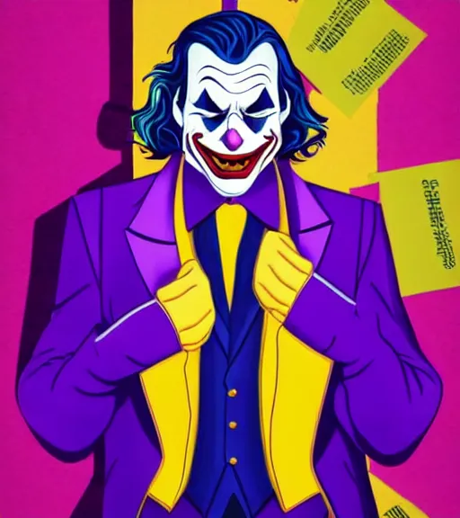 Image similar to joker wearing purple suit, yellow background, disney movie poster style, animation