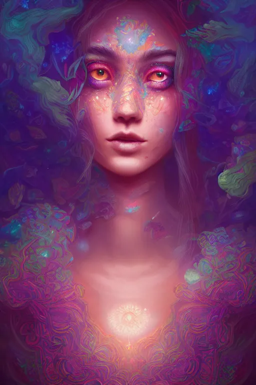 Image similar to lsd, acid trip, intricate fractals, a detailed portrait of a beautiful woman with ( fox ) features, in professional makeup, dramatic lighting, by lois van baarle, ross tran, greg rutkowski, 4 k, trending on artstation