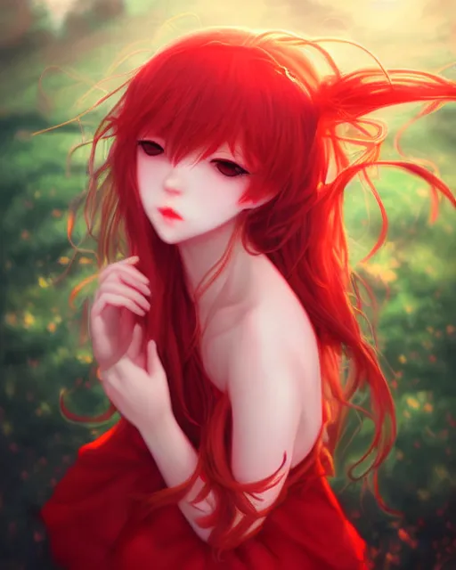 Prompt: the goddess of summer, bust head, red gauze skirt, dreamy, beautiful, by wlop