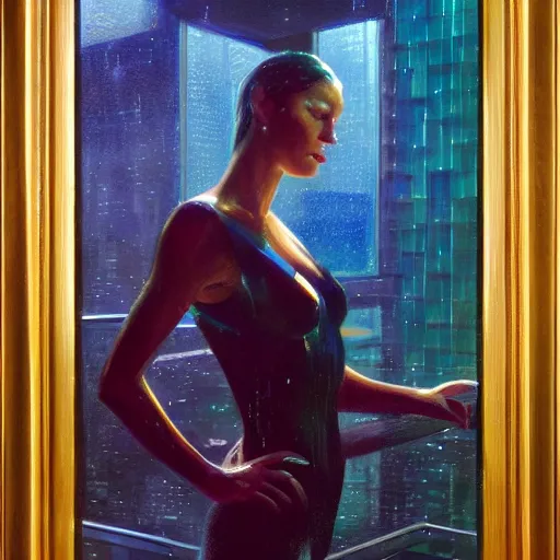 Image similar to detailed face of a woman, lush, opulent, enclosed, utopian, tech noir, wet reflections, prism, atmospheric, ambient, pj crook, syd mead, livia prima, artgerm, greg rutkowski, nick alm, casey baugh