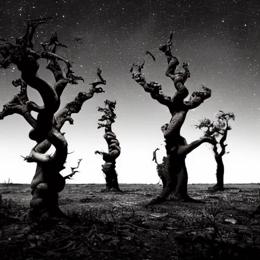 Image similar to surface of an alien planet with twisted trees t