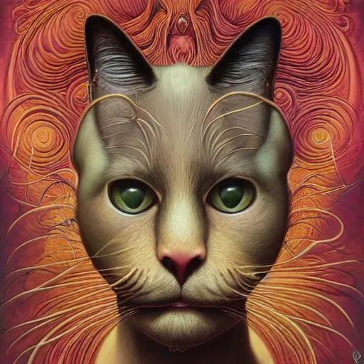 Image similar to a cat having an ego trip, by alex grey, by Esao Andrews and Karol Bak and Zdzislaw Beksinski and Zdzisław Beksiński, trending on ArtStation