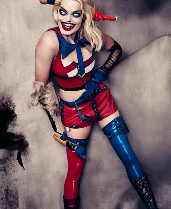 Image similar to margot robbie modeling as harley quinn, professional photograph