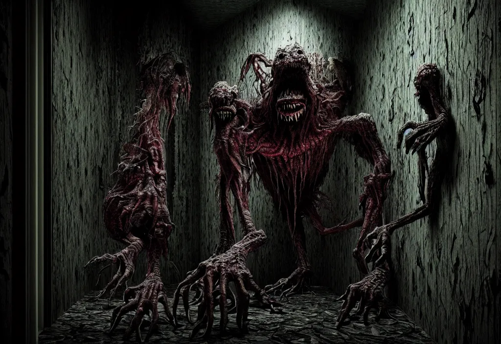 Prompt: beautifully hyperrealistic cinestill octane render of creepy monster entity creature designs by yasushi nirasawa, hiroya oku, junji ito, apartment hallway, deep aesthetics of weirdcore