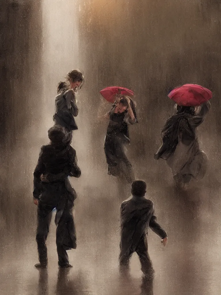 Prompt: dancing in the heavy rain, by disney concept artists, blunt borders, rule of thirds, beautiful light