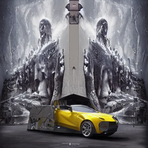 Prompt: car Ash Thorp khyzyl saleem car : medium size: in the coronation of napoleon painting : in oil liquid : 7, u, x, y, o graffiti big size forms: Kazimir Malevich big size forms : zaha hadid architecture big size forms: brutalist medium size forms: ultra realistic phtotography, keyshot, unreal engine 5, high reflections oil, liquid high glossy, high specularity, ultra detailed, 4k, 8k, 16k