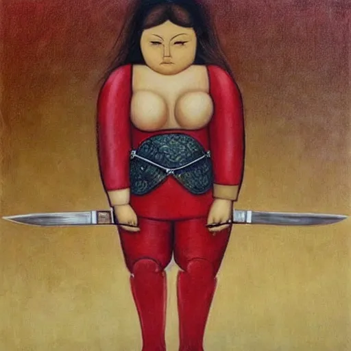 Prompt: “ she warrior with brunette long hair with a katana sword wearing red long boots painting with the style of botero ”