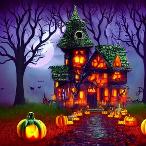 Image similar to Spooky Autumn Fantasy Art Halloween Village Decorations Flowers Glowing ghosts at night