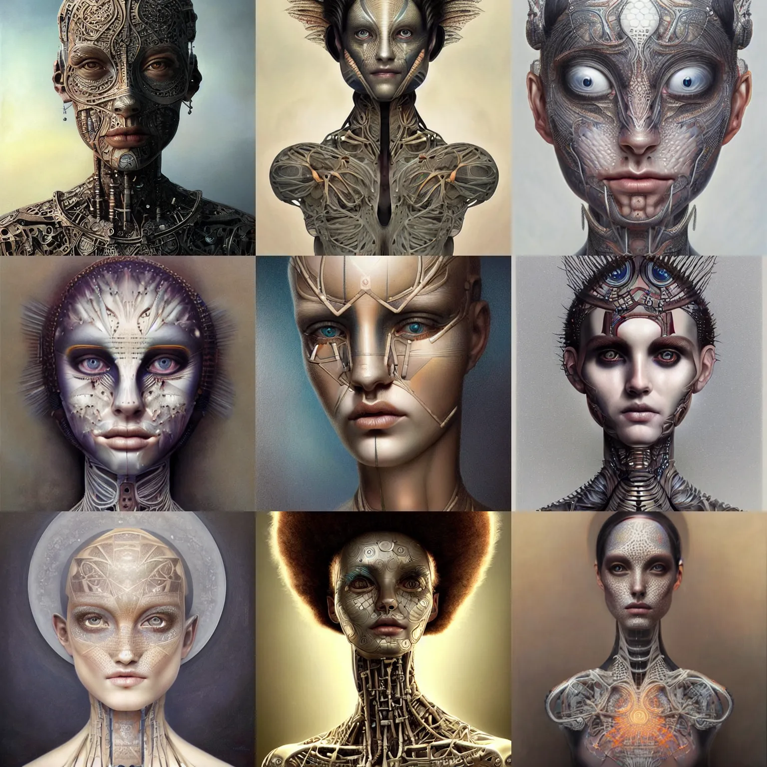 Prompt: humanoid robot, skin pattern, highly detailed, expressive eyes, beautiful symmetric body, perfect proportions, highly intricate, art by tom bagshaw and alex gray