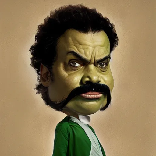 Image similar to hyper realistic, realistic - anime, portrait, beautifully rendered, italian garb the future, dune, caricature, luis guzman as luigi wearing green, smirking deviously, luigi, luigi's nose, painted by gustave courbet, greg rutkowski, wlop, artgerm, dishonored 2,