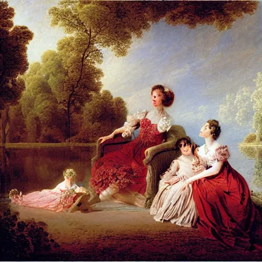 Image similar to dreadful by jean - honore fragonard pride prejudice. the conceptual art of a group of well - dressed women & children enjoying a leisurely boat ride on a calm day. the women are chatting & laughing while the children play with a toy boat in the foreground.
