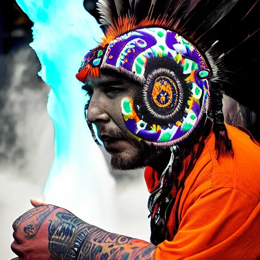 Prompt: photoperiodism portrait of an indigenous cholo goth mechanoid shaman dressed with a quetzalcoatl feathered serpent dancing over geyser explosion