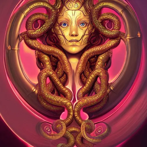 Image similar to ultradetailed ornate sci-fi RPG illustration of a beautiful symmetric Medusa radiating a glowing aura wearing a roots flower armor with much decorum, digital airbrush painting, 3d rim light, hyperrealistic masterpiece, artstation, cgsociety, kodakchrome, golden ratio