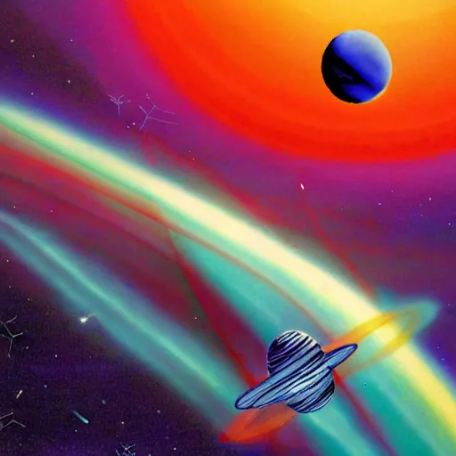 Prompt: a nasa ship entering the atmosphere of a planet, 1 9 7 0 s illustration, saturated colors