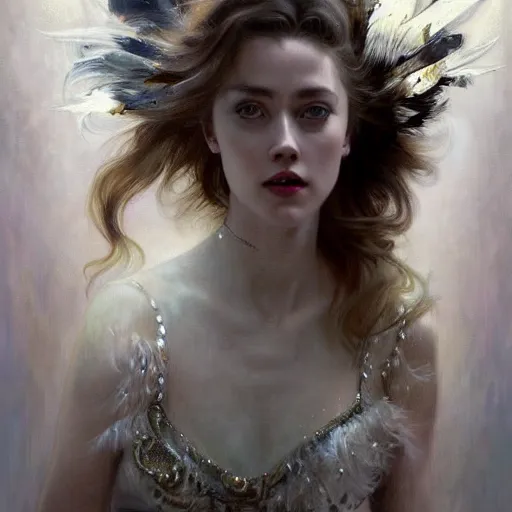 Image similar to hyperrealistic portrait of a woman as amber heard running down a staircase noir white swan dress wearing sapphire jewellery feather collar by jeremy mann and alphonse mucha, fantasy art, photo realistic, dynamic lighting, artstation, poster, volumetric lighting, very detailed faces, 4 k, award winning