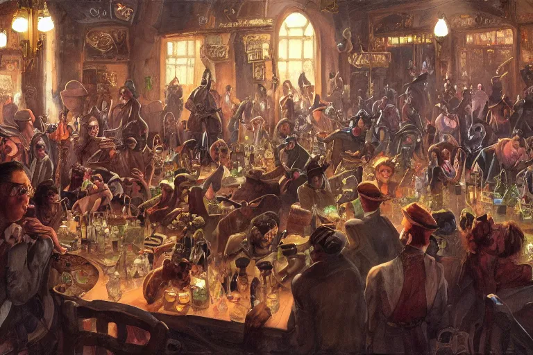 Prompt: beautiful detailed Harlem Renaissance painting of a 20s fantasy goblin party in ekanite bar that looks like it's from lord of the rings and bazaar by greg rutkowski, marc simonetti,Chris Achilleos,Charles Samuel Addams ,featured on artstation, ultrawide angle,f16