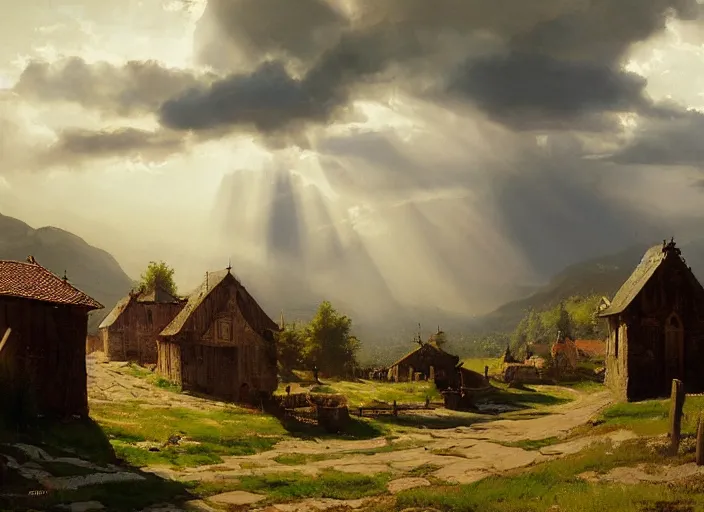 Image similar to oil painting of medieval village and old wooden church, stone walls, in dawn by anders zorn, wonderful art by greg rutkowski, incredible lighting, shadows, beautiful cinematic light, american romanticism by greg manchess, tall rocky mountains and storm clouds, sun rays, sunshine, bright sunny summer day