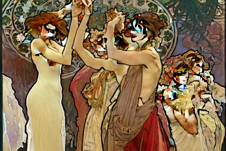 Image similar to Alphonse Mucha painting crowded figures