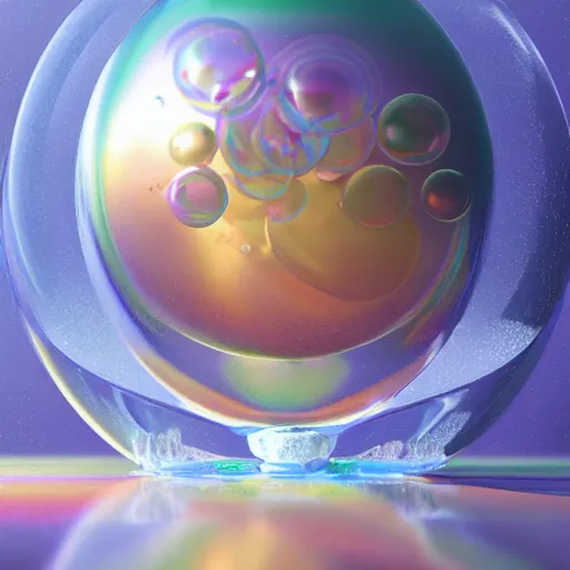 Prompt: perfume floating in rainbow soap bubbles, path traced, environment, highly detailed, concept art, realistic, octane render, up close shot shinji aramaki, karol bak, alphonse mucha