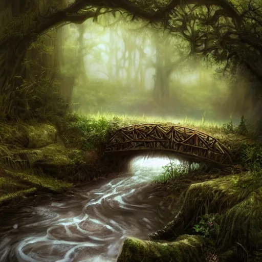 Prompt: old rickety bridge over a stream within an ancient mystical forest, high resolution, highly detailed, dark fantasy, by anne stokes, digital art