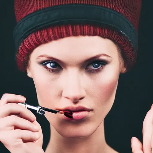 Image similar to the most beautiful woman in the world smoking a pipe. sharp colour photograph. soft lighting. depth of field. trending on artstation.