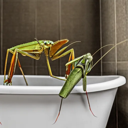 Image similar to cinematic photo of a giant taxidermized praying mantis in a bathtub