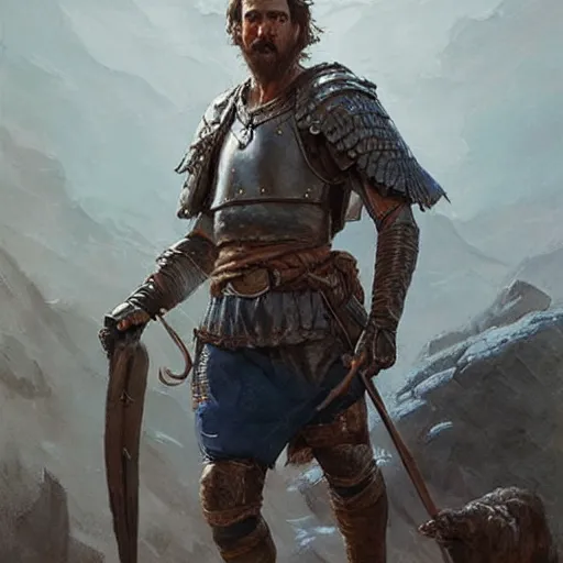 Image similar to Portrait of a rugged ranger marching toward the viewer, male, muscular, blue eyes!!!!, straight nose!!!, detailed face, exposed thighs!!!, fantasy, medieval, highly detailed, painting by greg rutkowski