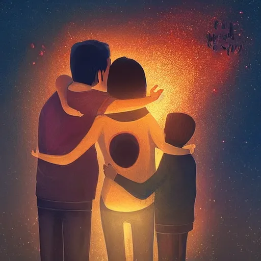 Image similar to “A family hugging each other for the last time as the world is ending, meteors are falling from the sky, everything is on fire, dramatic lighting, digital art, very very very very very very beautiful, 8K, dark lighting, trending on Artstation, award winning”