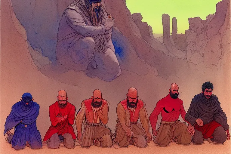 Prompt: a hyperrealist watercolour character concept art portrait of a group of middle eastern men kneeling down in prayer in front of a giant red haired android on a misty night in the desert. by rebecca guay, michael kaluta, charles vess and jean moebius giraud