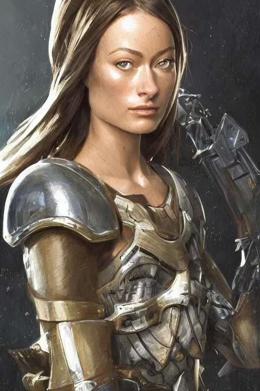 Image similar to a professional painting of a young Olivia Wilde, clothes in military armor, olive skin, long dark hair, beautiful bone structure, symmetrical facial features, intricate, elegant, digital painting, concept art, smooth, sharp focus, illustration, from StarCraft by Ruan Jia and Mandy Jurgens and Artgerm and William-Adolphe Bouguerea