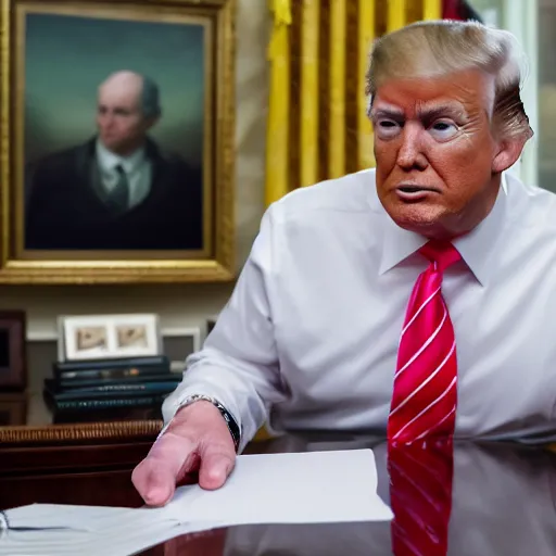 Image similar to candid portrait photo of president trump at his desk shoving crumpled papers into his mouth, chewing paper, eating paper, detailed portrait, 4 k, megapixel, sony a 7 s, f / 8, 2 4 mm lens